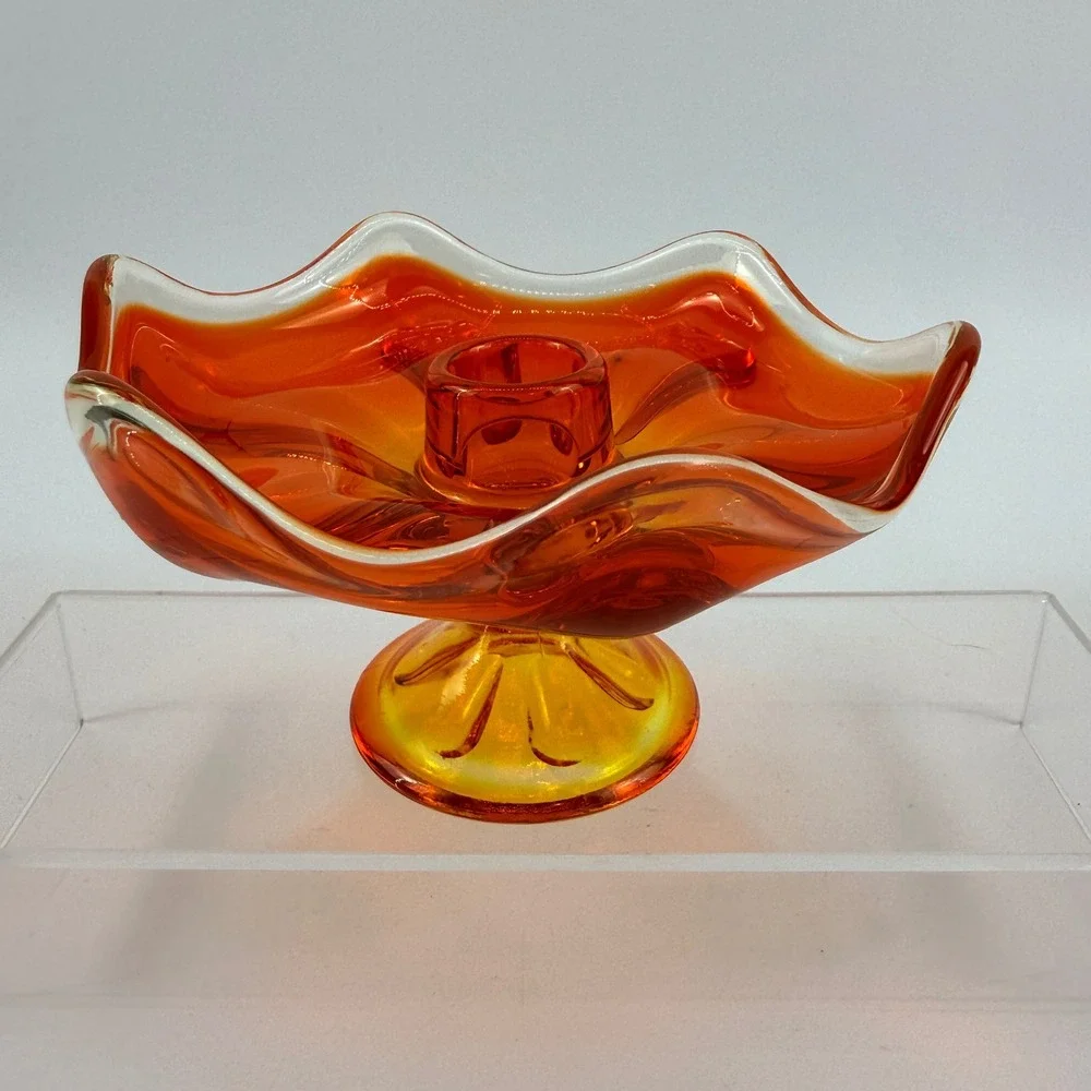 Viking Epic 6 Petal Persimmon Pedestal Taper Candle Holder Art Glass MCM